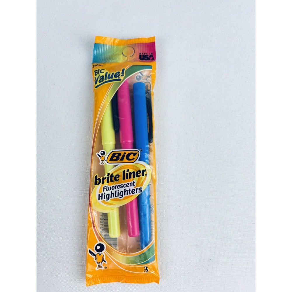 Vintage Bic Brite Liner Neon Fluorescent Highlighters 3 Pack 2001 NOS Sealed